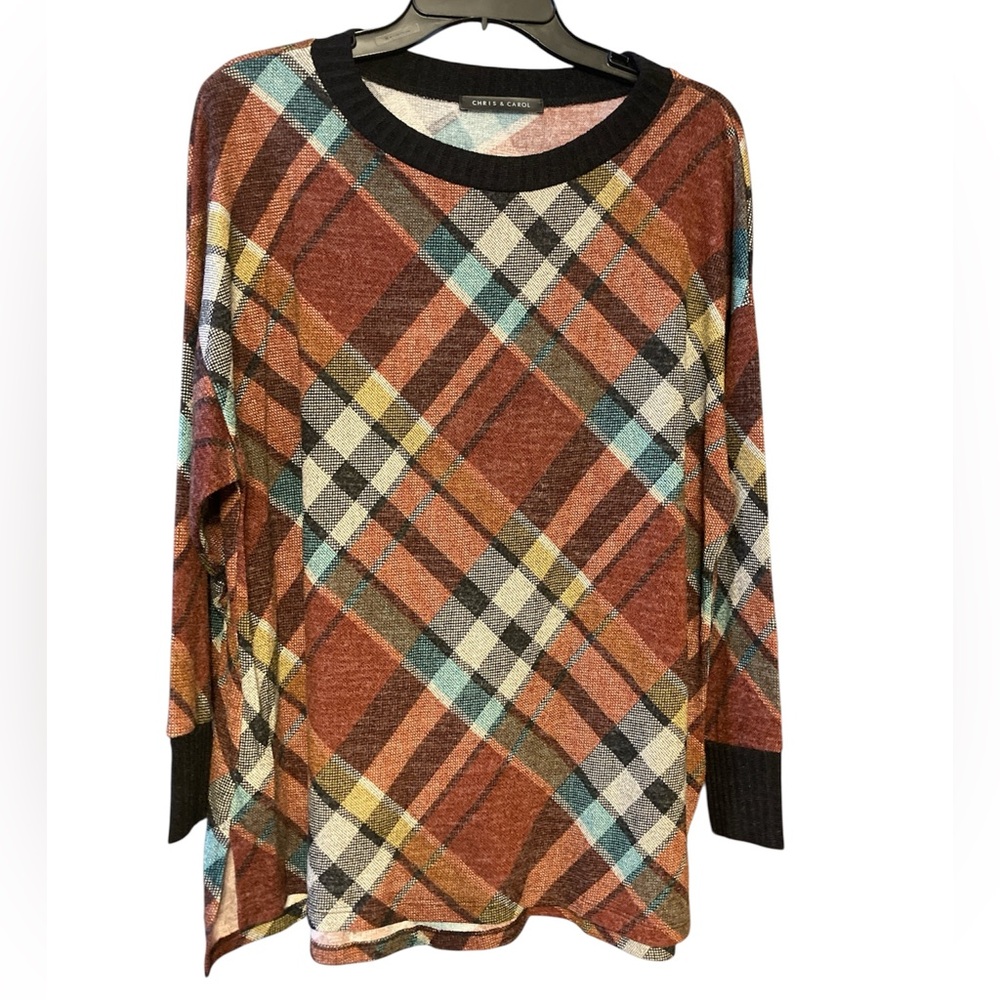 Chris & Carol Rust Plaid Long Sleeve Top with Teal and Yellow Accents